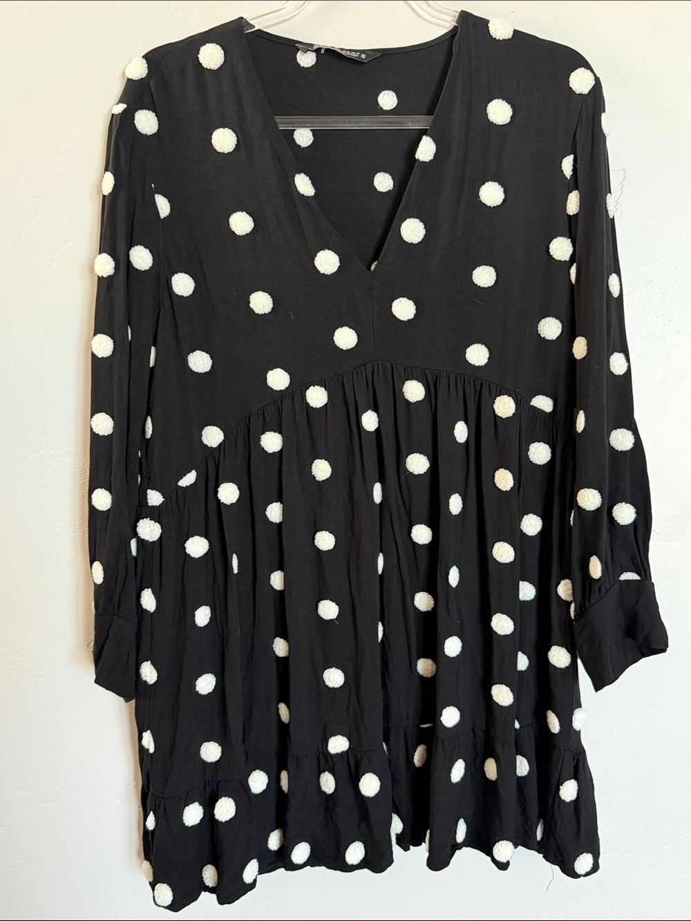 Zara Black and White Fuzzy Polka Dot Long Sleeve Dress XL Flowy Casual Dress